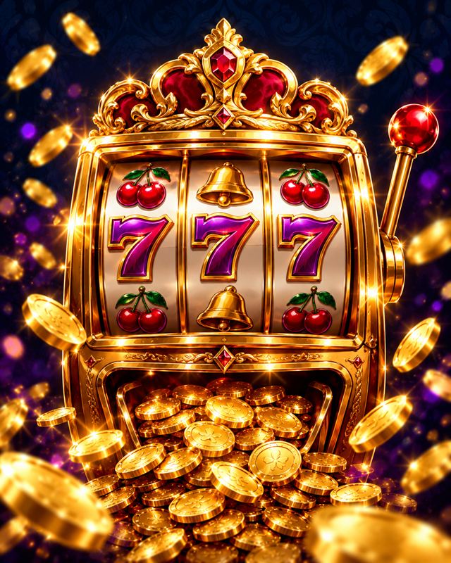 Golden slot reels with sevens and cherries behind a shower of coins