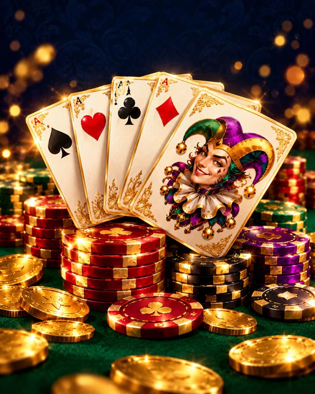 Jester playing cards and casino chips on dark green felt