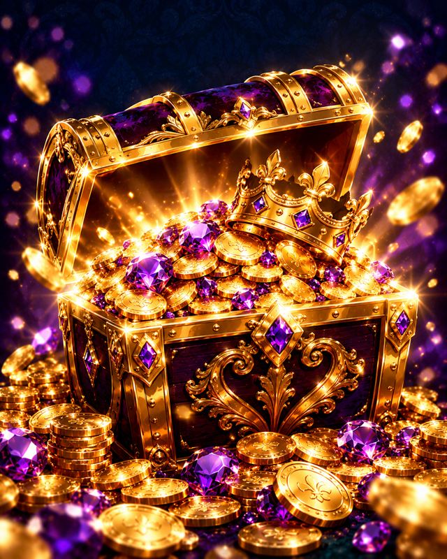 A treasure chest bursting with coins and purple gems