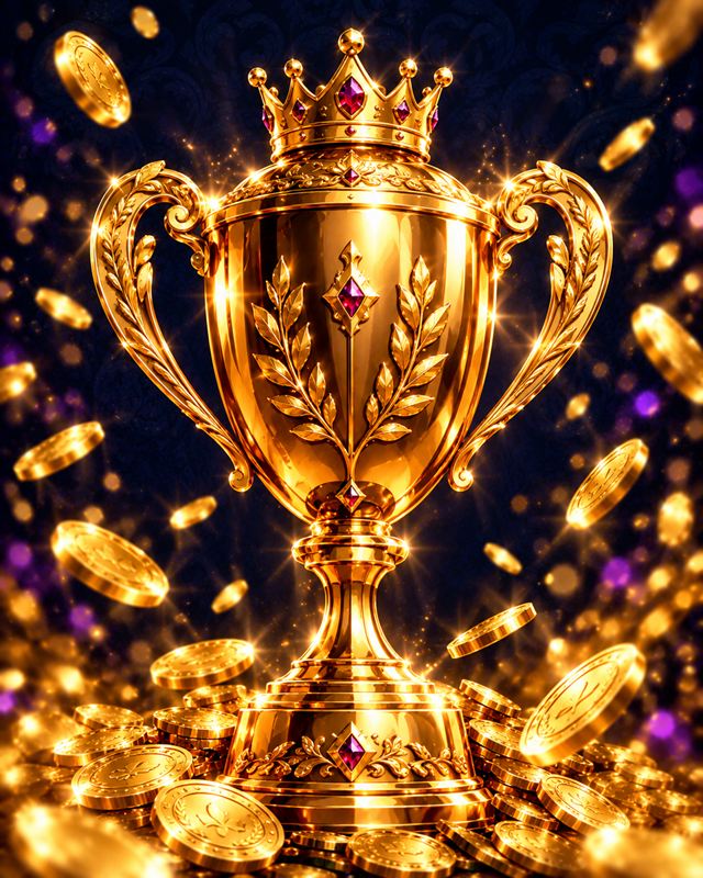 A crowned golden cup among flying coins