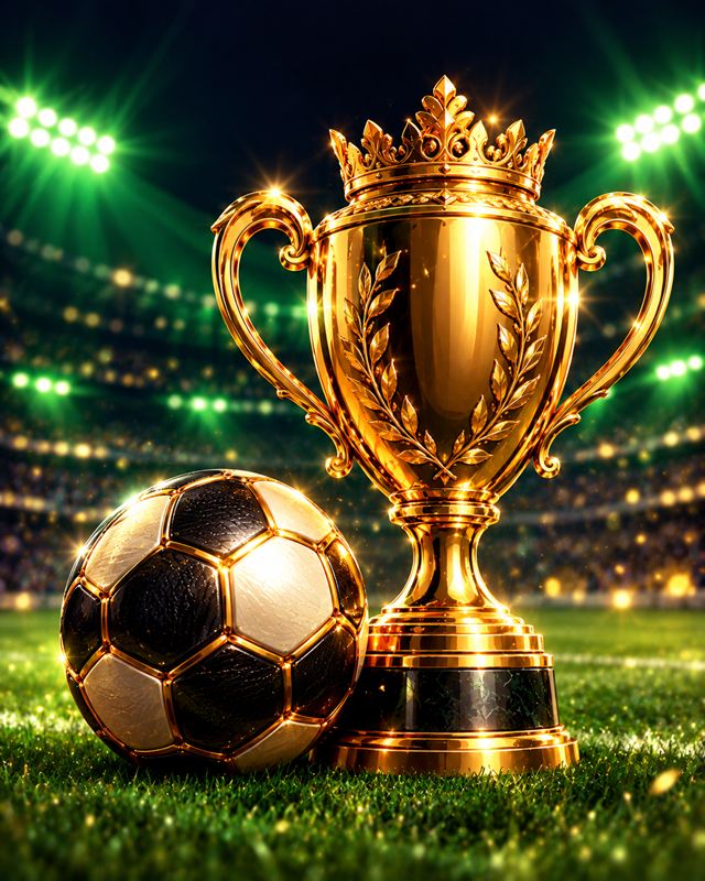 A gold-trimmed football and a trophy under stadium lights