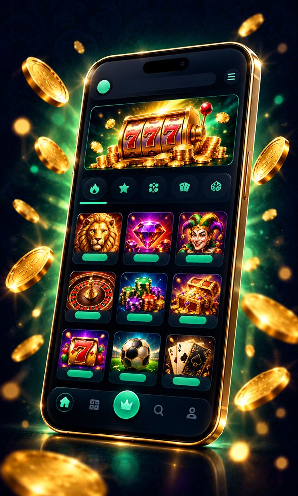 A modern smartphone showing a dark casino lobby with bright green buttons and colourful slot tiles, gold coins floating around it