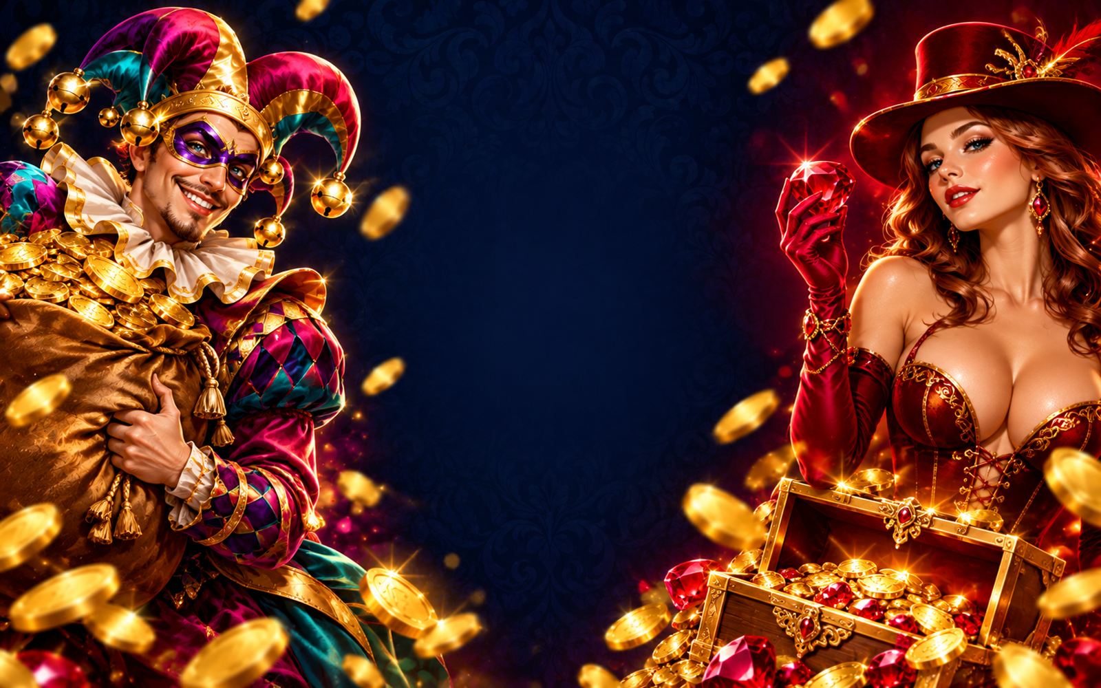 A jester in a magenta, teal and gold costume holds a sack of gold coins on the left, a woman in a crimson dress and top hat holds a red ruby over a chest of coins on the right, on dark navy