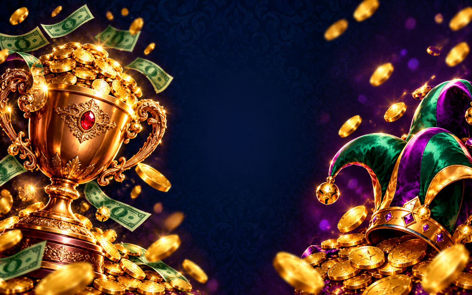 A bronze trophy cup with a red gem and flying banknotes on the left, a green and purple jester hat with gold stars and coins on the right, on dark navy